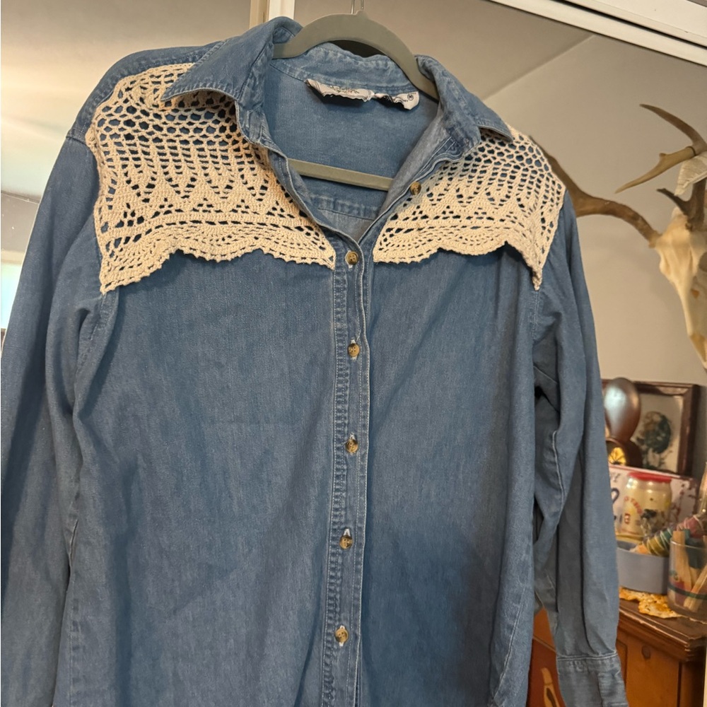 Vintage Just Class denim crochet button up shirt